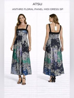 ATSU Anthropologie Floral Panel Midi Dress in Black, Green & Purple Size SP